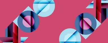 Soyut geometrik bileşim. Daireler, dikdörtgenler, dinamik görsel efekt oluşturur. Pembe arka plan, havalı mavi ve mor renkleri arttırır. Modern tasarım, mevcut temiz çizgiler.