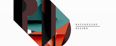 Soyut geometrik bileşim. Üst üste binen şekiller dinamik görsel efekt yaratır. Kırmızı, deniz mavisi, kahverengi, siyah renkler tasarımda baskın. Minimalist tarz, modern estetik.