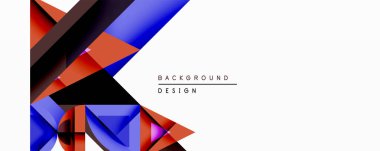 Soyut geometrik tasarım canlı mavi, turuncu, siyah şekiller içerir. Üst üste binen uçaklar beyaz uzaya karşı dinamik bir görsel ilgi yaratıyor. Modern estetik, uygun arkaplan ögesi.