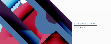 Soyut geometrik şekiller örtüşür, dinamik bileşim yaratır. Kırmızı, mavi, mor renkler dizaynın hakimi. Geniş beyaz alanı olan minimalist estetik. Modern görsel element.