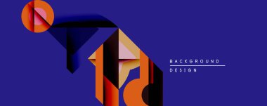 Soyut geometrik şekiller dinamik bileşim yaratır. Turuncu, kahverengi, bej renkler koyu mavi arkaplan ile tezat oluşturuyor. Dijital projeler için modern tasarım ögesi.