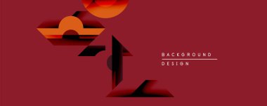 Soyut geometrik şekiller kırmızı arkaplana hükmediyor. Katmanlı formlar derinlik yaratır, manzara ya da minimalist sanat izlenimi uyandırır. Tasarım gradyanları, gölgeleri, modern estetiği vurgular.