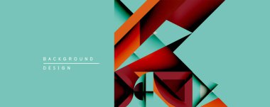 Soyut geometrik bileşim. Üst üste binen şekiller, dinamik görsel ilgi yaratır. Teal arka planı canlı kırmızı, turuncu elementlerle çelişiyor. Modern tasarım estetik.