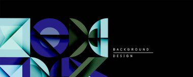 Soyut geometrik şekiller örtüşür, dinamik bileşim yaratır. Mavi, yeşil renkler koyu arkaplana hakim. Modern tasarım elementleri yenilik ve teknoloji öneriyor. Minimalist estetik.