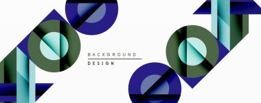 Soyut geometrik bileşim. Üst üste binen daireler, kareler, dikdörtgenler dinamik görsel efekt yaratır. Mavi, yeşil renkler tasarıma hakim. Minimalist stil.