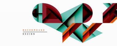 Soyut geometrik tasarım katmanlı şekiller içerir. Kırmızı, deniz mavisi, turuncu renkler dinamik bileşim oluşturur. Minimalist tarz, modern estetik, uygun arkaplan ögesi.