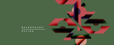 Soyut geometrik şekiller örtüşür, dinamik bileşim yaratır. Kırmızı, siyah, mor renkler sessiz yeşil arkaplan ile tezat oluşturuyor. Arka planlar için modern tasarım ögesi.