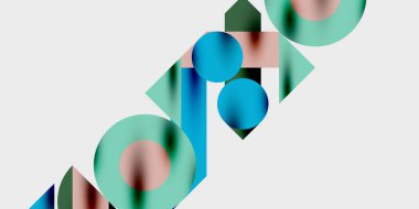 Soyut geometrik şekiller örtüşüyor, canlı renk eğimleri yaratıyor. Kompozisyon, ışık arkaplanı üzerinde daireler, dikdörtgenler, üçgenler oluşturur.