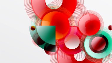 Soyut kompozisyon. Üst üste binen daireler, çizgiler dinamik görsel efekt yaratır. Kırmızı, deniz mavisi, turuncu renkler tasarımda baskın. Modern estetik.