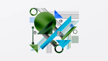 Soyut geometrik bileşim. Şekiller örtüşüyor, dinamik görsel ilgi yaratıyor. Renkler arasında yeşil, mavi, gri, beyaz var. Modern tasarım.