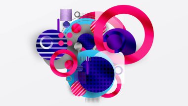 Üst üste binen daireler, kareler, çizgiler içeren soyut bir kompozisyon. Canlı pembeler, maviler, morlar dinamik görsel efektler yaratır. Modern tasarım ögeleri.