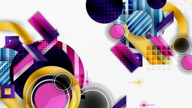 Soyut geometrik bileşim. Canlı renkler, üst üste binen şekiller dinamik görsel efektler yaratır. Modern tasarım elemanları.