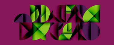Soyut geometrik bileşim. Parlak yeşil, mor şekiller, dinamik görsel efekt oluşturur. Kalın tasarım, modern estetik..