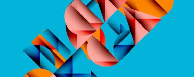 Soyut geometrik şekiller örtüşür, dinamik bileşim yaratır. Parlak renkler, deniz mavisi arkaplanı ile tezat oluşturuyor. Modern tasarım elemanları.