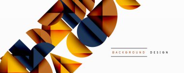 Soyut geometrik şekiller örtüşür, dinamik bileşim yaratır. Sıcak renkler baskın gelir, havalı mavilerle zıtlaşır. Minimalist tasarım.