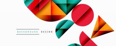 Soyut geometrik şekiller, canlı renkler, modern tasarım. Bileşim üçgenler, daireler, üst üste binen elementler içerir. Temiz estetik.