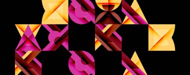 Soyut geometrik desen. Canlı renkler, üçgenler, kareler karmaşık tasarım yaratır. Koyu arkaplan şekilleri vurgular.