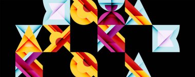 Soyut geometrik şekiller, canlı renkler, siyah arkaplan. Kalıplar tekrar ediyor, dinamik görsel doku yaratılıyor. Modern tasarım elemanları.