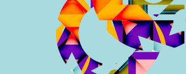 Soyut geometrik şekiller örtüşür, canlı renk zıtlıkları yaratır. Turuncu, mor, sarı soluk mavi arkaplan. Modern tasarım.