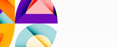 Soyut geometrik şekiller, canlı renkler, modern tasarım. Kompozisyon üst üste binen bölümler, temiz çizgiler, minimalist estetik.