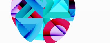 Soyut geometrik şekiller örtüşür, canlı renkli kompozisyon oluşturur. Maviler, kırmızılar, morlar tasarıma hükmediyor. Modern estetik.