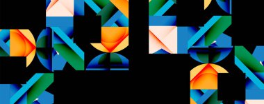 Soyut geometrik şekiller, canlı renkler, dinamik bileşim. Modern tasarım, temiz çizgiler, cesur görsel etki. Siyah arkaplan renk karşıtlığını artırır.