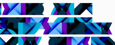 Soyut geometrik şekiller, canlı maviler, morlar dinamik bileşimler yaratır. Modern tasarım, temiz çizgiler, gradyan etkiler.