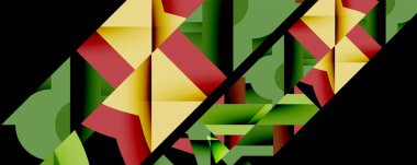 Soyut geometrik bileşim. Şekiller çakışıyor, dinamik görsel etki yaratıyor. Renkler arasında yeşil, kırmızı, sarı, siyah.