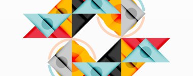 Soyut geometrik desen. Üçgenler, daireler, eğriler simetrik tasarım yaratır. Parlak renkler nötr tonlarla tezat oluşturur. Modern estetik.