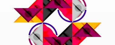 Soyut geometrik desen. Üçgenler, daireler, canlı renkler simetrik dizayn yaratır. Modern sanat kompozisyonu.