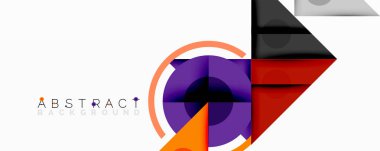 Geometrik şekiller örtüşür, canlı ve soyut bir bileşim yaratır. Turuncu, mor, kırmızı, gri baskın tasarım. Minimalist stil.