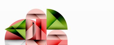 Soyut geometrik bileşim. Üst üste binen şekiller dinamik görsel efekt yaratır. Kırmızı, yeşil renkler tasarımda baskın. Minimalist stil.