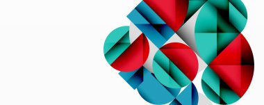 Soyut geometrik bileşim. Kırmızı, deniz mavisi, mavi şekiller, dinamik görsel efekt oluşturur. Minimalist tasarım, temiz çizgiler.