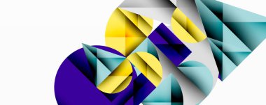 Soyut geometrik bileşim. Şekiller çakışıyor, dinamik görsel etki yaratıyor. Renkler arasında sarı, mor, turkuaz, gri.