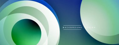Soyut katmanlı daireler, mavi, yeşil, beyaz gradyanlar. Arka planlar ve sunumlar için modern tasarım öğesi. Minimalist estetik.