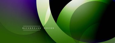 Soyut tasarım özellikleri üst üste binen daireler, gradyanlar. Mor, yeşil, siyah, beyaz renkler modern görsel efektler yaratır. Minimalist stil.