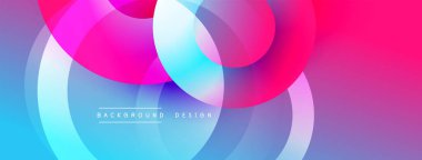 Soyut, enerjik çemberler çakışıyor. Renkler pembeleri, mavileri, morları harmanlıyor. Modern tasarım dinamik görsel efekt yaratır.