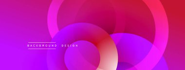 Soyut, enerjik çemberler çakışıyor. Mordan, pembeden, turuncuya geçiş. Modern tasarım dinamik görsel efekt yaratır.