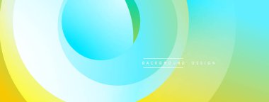 Soyut eğim çemberleri çakışıyor, yumuşak renk geçişleri yaratıyor. Sarı, yeşil, mavi renkler tasarımda baskın. Minimalist estetik.