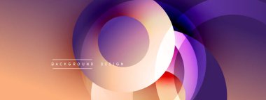 Soyut çemberler çakışıyor, yumuşak eğimler yaratıyor. Serin mor renklere sıcak turuncu geçişler. Arkaplanlar için minimalist tasarım.