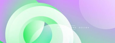 Soyut arkaplan özellikleri katmanlanmış şeffaf daireler. Renkler harmanlanmış yeşil, mor, mavi yumuşak gradyanlar oluşturur. Mevcut en küçük metin.