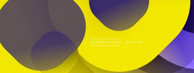 Soyut daireler örtüşüyor, parlak sarı ve mor renkler yaratıyor. Modern tasarım dinamik, temiz ve minimalist hissettiriyor. Arkaplan yaratıcılığı, yeniliği öneriyor.