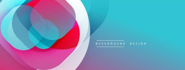 Soyut renkli çakışan daireler dinamik görsel efekt yaratır. Mavi, pembe, kırmızı renkler düzgün bir şekilde harmanlanır. Modern tasarım ögesi.