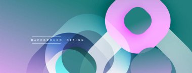 Soyut tasarım özellikleri üst üste binen daireler, gradyanlar. Teal, mor, mavi renkler modern görsel efekt yaratır. Pürüzsüz şekiller akıcılığı işaret eder..