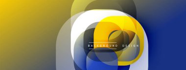 Soyut geometrik şekiller örtüşüyor, canlı renk eğimleri yaratıyor. Modern tasarım pürüzsüz geçişler içerir, sarı, mavi renkler.