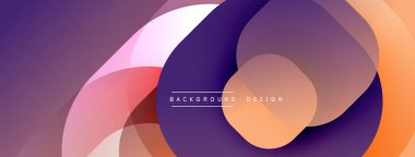 Soyut şekiller örtüşür, yumuşak eğimler yaratır. Mor, turuncu, pembe renkler kompozisyona hakim. Modern tasarım ögesi.