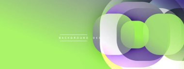 Soyut canlı tasarım, üst üste binen daireler, gradyanlar. Yeşil sol tarafı, mor sağ tarafı domine eder. Modern, temiz estetik.