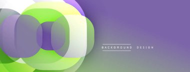 Soyut geometrik şekiller örtüşüyor, canlı renk eğimleri yaratıyor. Mor arkaplan karşıtlık ve modern tasarım ögesi sağlar.