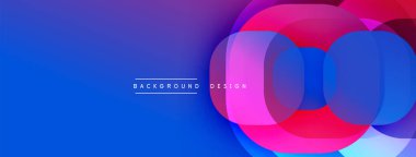 Soyut tasarım özellikleri üst üste binen daireler, canlı gradyanlar. Mavi sol tarafı domine eder, pembe sağ tarafı. Modern, minimalist estetik.