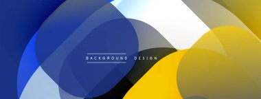 Soyut kompozisyon. Üst üste binen daireler dinamik görsel efekt yaratır. Mavi, sarı, gri, beyaz renkler tasarımda baskın. Modern estetik.
